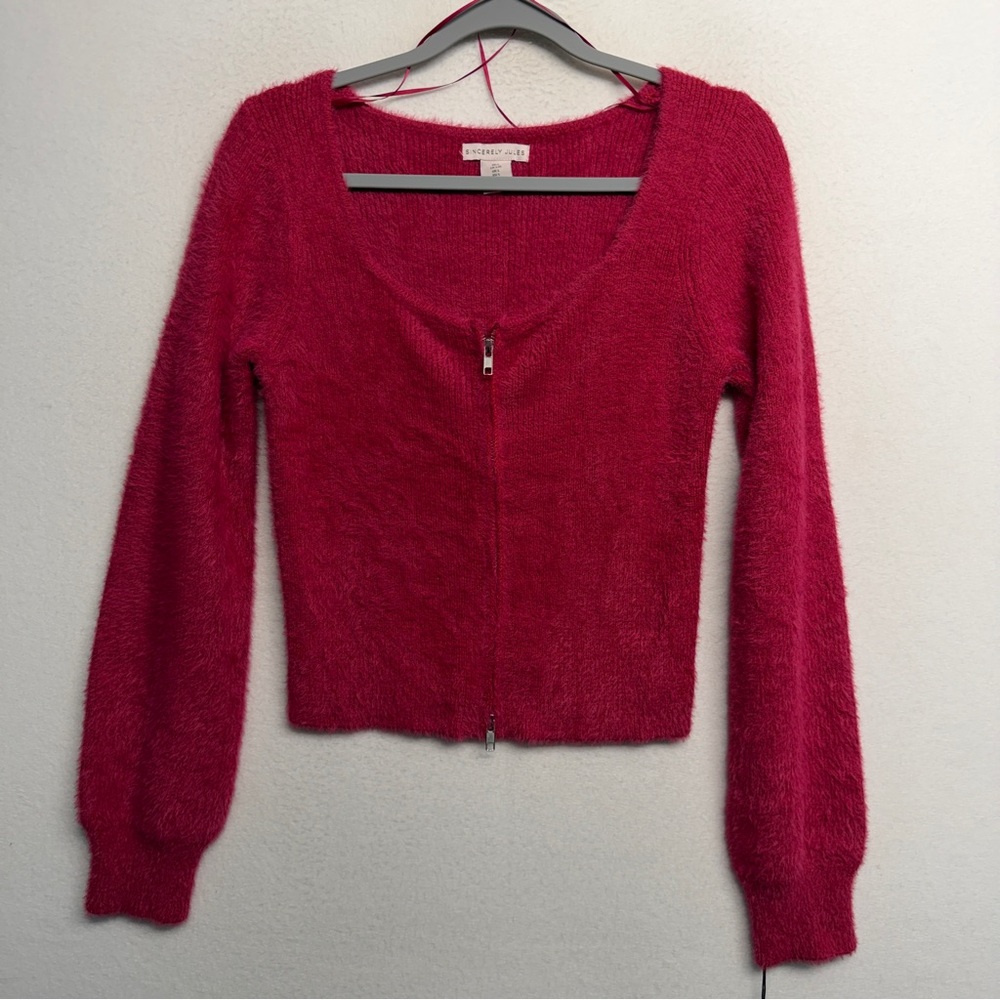 NWT‎ Sincerely Jules Fuscia Pink Sweater zip Front L Eyelash